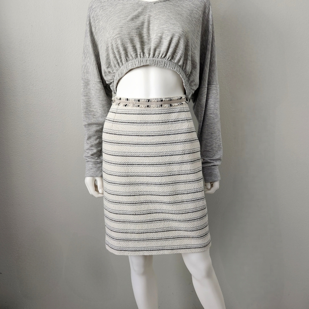 MaxMara Weekend Classic Pencil Skirt W/ Stripes, Ribbon/ Frayed Waist Detail, 4